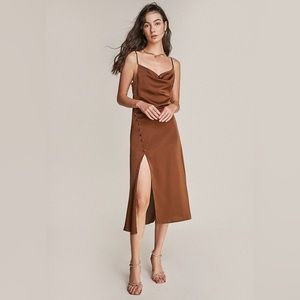 Sexy Brown Cowl Neck Button Side Long Dress by J.ING